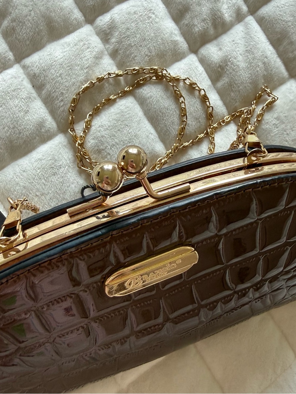 NWT Brangio Italy Metallic Brown Croc Convertible Clutch Gold Chain Purse